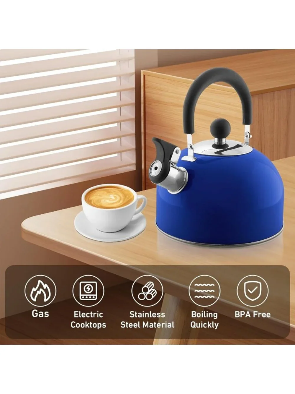 Blue Kitchen Whistling Tea Kettle 2 Quart Stainless Steel Stovetop Tea and Water